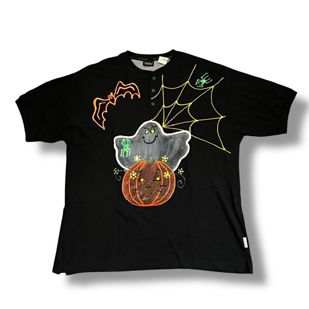 Vintage Halloween Knit Top Puff Paint Ghost Pumpkin Bat Neon Black Henley XL